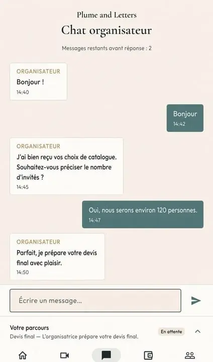 Écran chat avec l'organisatrice