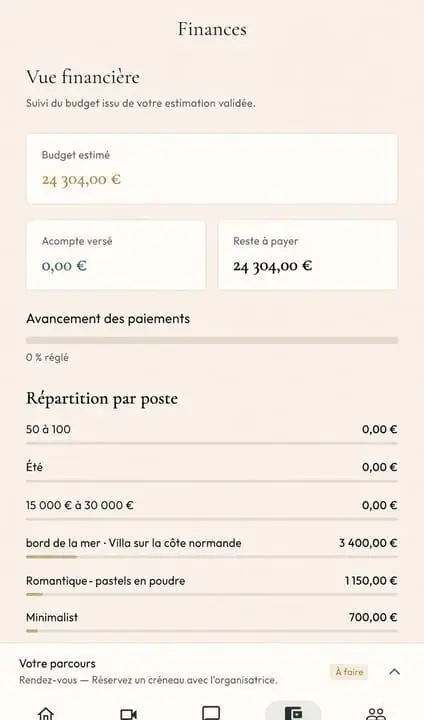 Écran Finances de l'application
