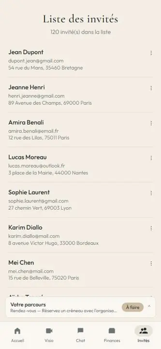 Écran Liste des invités