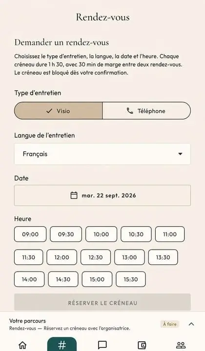 Écran Rendez-vous de l'application Plume and Letters